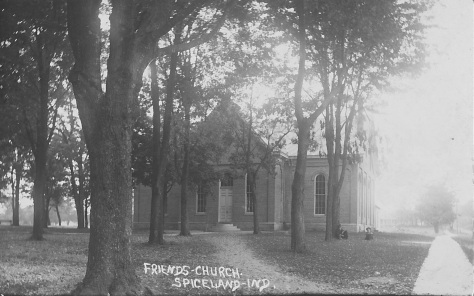 This postcard of Spiceland Friends Church was mailed by Samuel Hodson to Miss Grace Binkley in Union, Ohio, while he was "visiting Uncle Tom." It was postmarked in both Spiceland and Union on September 4, 1912.
